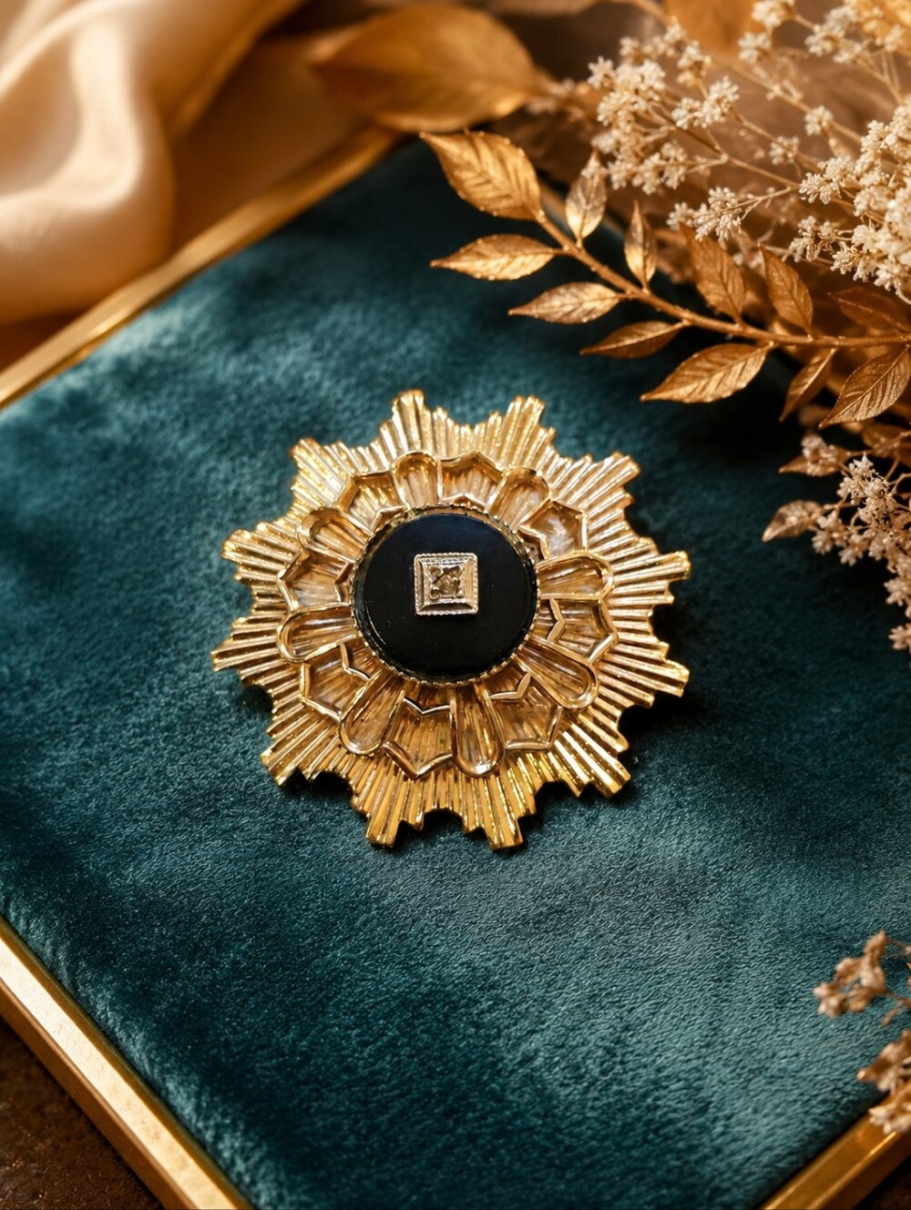 Vintage Mid-Century Black & Gold Starburst Brooch | Circa 1965–1975